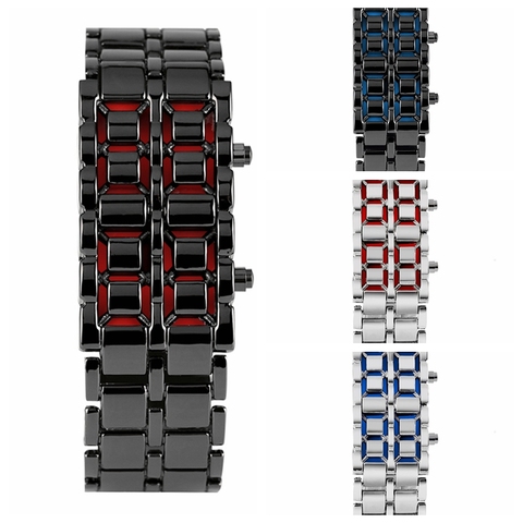 Montre-bracelet en métal pour hommes, numérique, accessoire de sport, en fer, rouge LED bleu, LED ► Photo 1/6