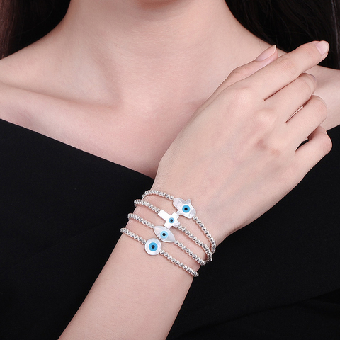 Nouveau Mode Corde Élastique Mère de Nacre Hamsa Main de Fatima Evil Eye Croix avec 925 Perles En Argent Sterling Bracelet ► Photo 1/6