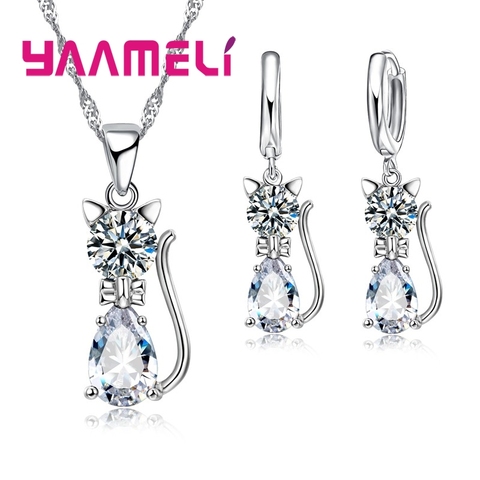 Réel 925 bijoux en argent Sterling ensembles pour femme filles brillant 7 couleurs cristal autrichien mignon chat pendentif collier Huggie boucle d'oreille ► Photo 1/6