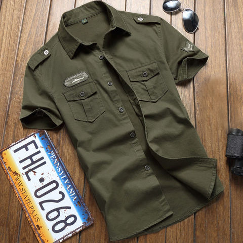 Chemise militaire à manches courtes, vêtements pour hommes, hauts d'été, couleur unie, haute qualité 100% coton, poche 5XL grande taille ► Photo 1/5
