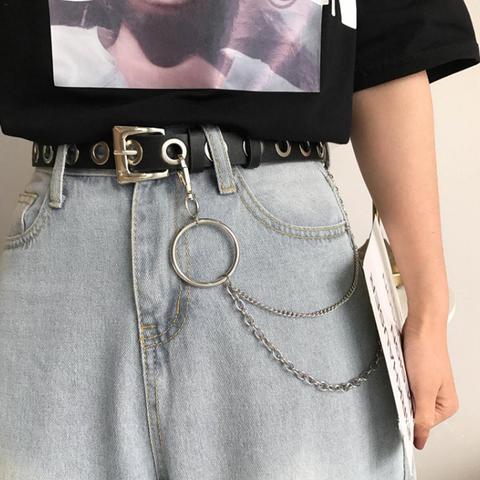 Ceinture en cuir Pu pour femmes, pantalon Punk à 2 couches, ajustable, chaîne à maillons à la taille, ceinture argent, bijoux à la mode noire ► Photo 1/6