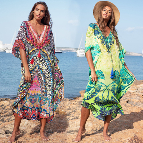 Robe de plage longue en coton, Kaftan marocain imprimé bohème, tunique pour femmes, Cover-Up pour les costumes de bain, été 2022, grande taille ► Photo 1/6