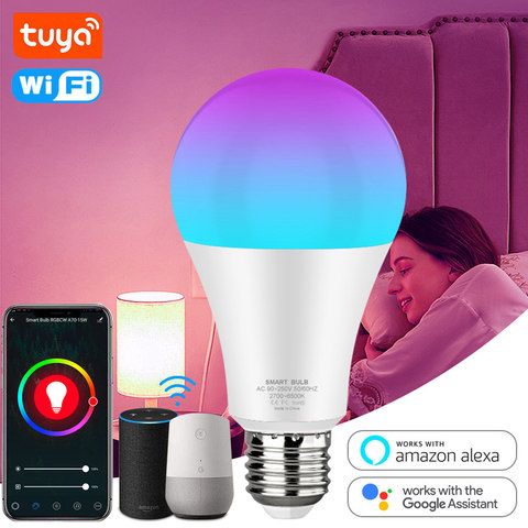 Tuya ampoule intelligente WiFi LED ampoule 12w 15w E27 lampe LED RGB + blanc + blanc chaud travail avec Alexa Google Home minuterie à intensité variable APP ► Photo 1/6