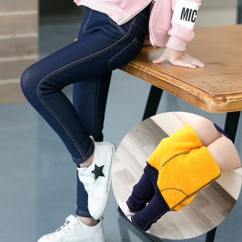 Pantalon d'hiver pour filles enfants jean enfants mince épais velours chaud Denim pantalon 3-11Yrs bébé fille Leggings Stretch crayon pantalon ► Photo 1/6