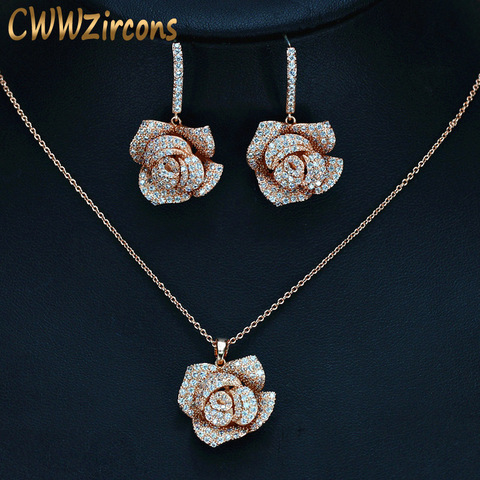 CWWZircons - pendentif et bijoux pour femmes, pendentif, collier et boucles d'oreilles de marque à forme de fleurs géométriques en zircone cubique et couleur or rosé pour femmes, ensembles de bijoux T016 ► Photo 1/6