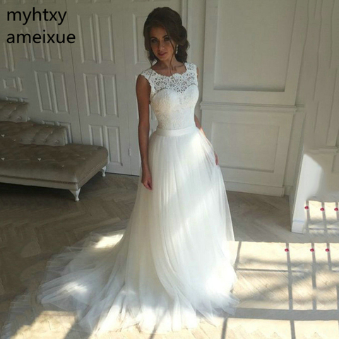 2022 nouvelle dentelle o-cou dentelle Tulle Boho pas cher robes de mariée d'été plage robe de mariée bohème robes de mariée robe de mariage ► Photo 1/6