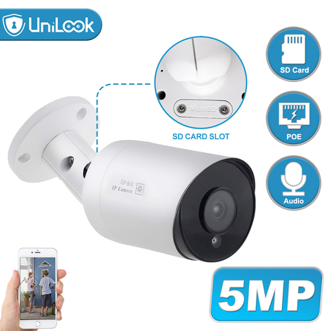 Caméra de vidéosurveillance Bullet IP POE 5MP avec Microphone intégré, fente pour carte SD, étanche IP66, Vision nocturne H.265 et ONVIF P2P ► Photo 1/5