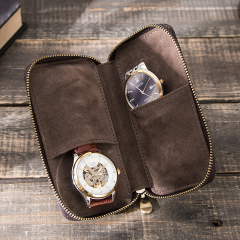 Boîte de montre rustique en cuir à 2 fentes pochette avec fermeture éclair de luxe sac organisateur Portable contient 2 montres marron ► Photo 1/6