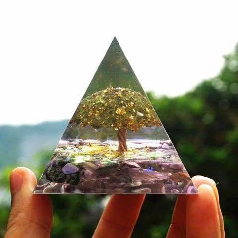 Pyramide d'arbre de vie, outil de méditation Chakra Reiki ~ péridot avec Charoite, pierres de cristal naturel, EMF Orgonite ► Photo 1/6