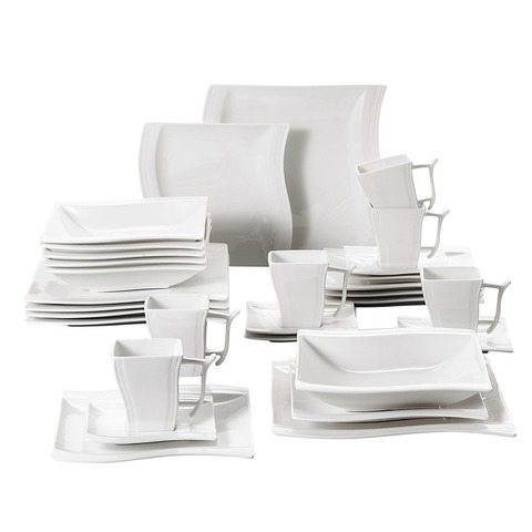 MALACASA, Série Flora, 30pcs Service de Table Porcelaine 6pcs pour Assiette Plate, Assiettes à Dessert, Assiette Creuse à Soupe, Tasses avec Soucoupes Service à Café Thé Mug Vaisselles Blanc ► Photo 1/6