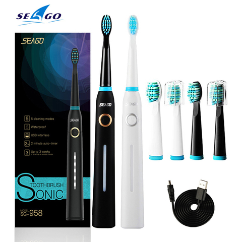 Brosse à dents électrique Ultra sonique SG-958 SEAGO 5 Mode 2 Min minuterie intelligente étanche avec 3 têtes de brosse remplaçables blanchiment des dents ► Photo 1/6