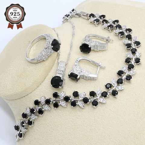 Ensemble de bijoux pour femmes, Zircon noir et blanc, couleur argent, avec Bracelet, cerceau, boucles d'oreilles, collier, pendentif, bague, boîte-cadeau ► Photo 1/6