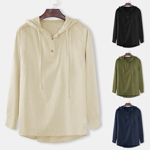 Chemise à capuche en coton et lin pour hommes, Baggy, couleur unie, bouton, manches longues, rétro, chemises en lin, Tops Camisa Masculina ► Photo 1/6