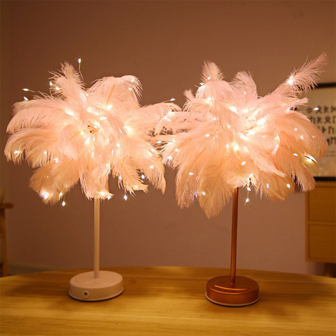 Lampe de Table créative en plumes avec télécommande, alimentée par pile USB/AA, abat-jour en forme d'arbre, idéal pour un bureau ou un anniversaire ► Photo 1/6