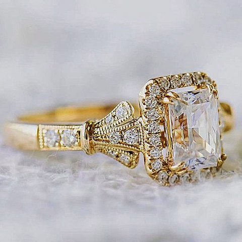 Huitan – bague de fiançailles en pierre CZ, luxueuse, romantique, couleur dorée, cadeau de saint-valentin pour petite amie, Solitaire, Midi ► Photo 1/3