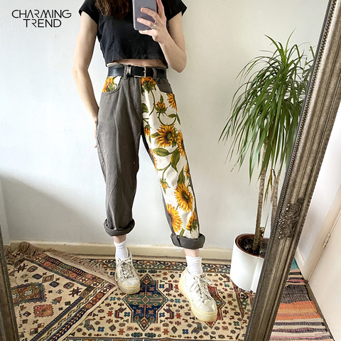 Femmes Harem gris Jean taille haute Daisy tournesol imprimé mignon rétro épissure Denim femme Streetwear droite dames Jean pantalon ► Photo 1/6