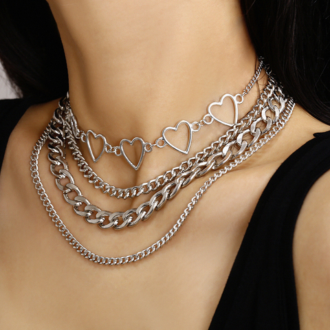 Nouveau Vintage mode or argent couleur coeur-forme multi-niveaux chaîne pendentif colliers pour femmes collier femme Boho bijoux cadeau ► Photo 1/6