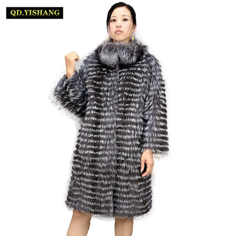 Réel fourrure de renard argenté femelle long manteau, naturel silver fox faisant style stand col manteau 2022 QD. YISHANG ► Photo 1/6