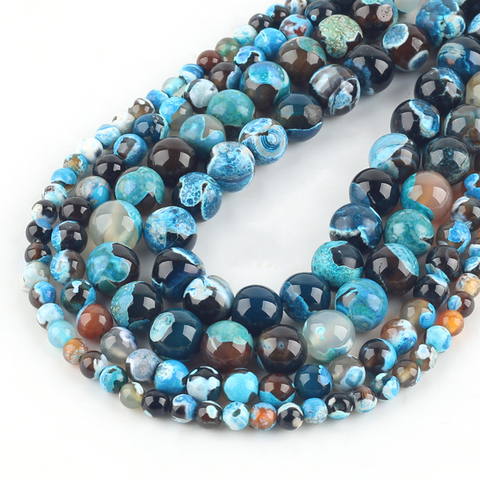 Perles d'agates bleues naturelles pour la fabrication de bijoux, Bracelets à faire soi-même perles rondes et amples, 6/8/10/12mm, bricolage ► Photo 1/6