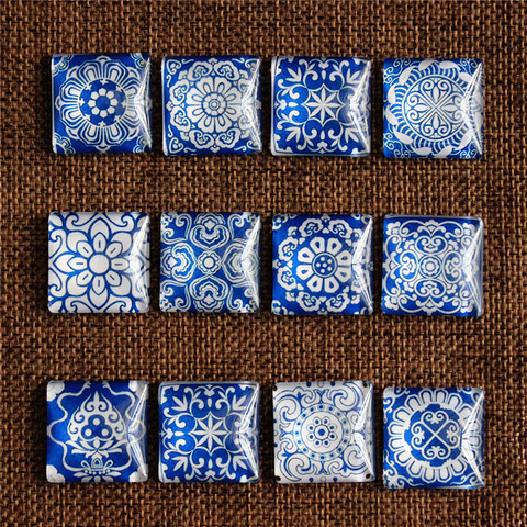 Cabochons en verre à dos plat en porcelaine carré bleu et blanc, mélange aléatoire en paires de motifs, 10mm 12mm 20mm 25mm ► Photo 1/2