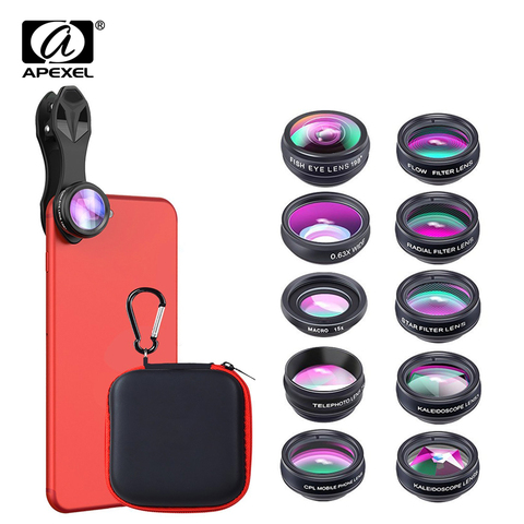 APEXEL 10 en 1 Kit d'objectif de téléphone portable Fisheye grand Angle télescope Macro objectif de caméra pour iPhone Samsung Huawei tous les smartphones ► Photo 1/6