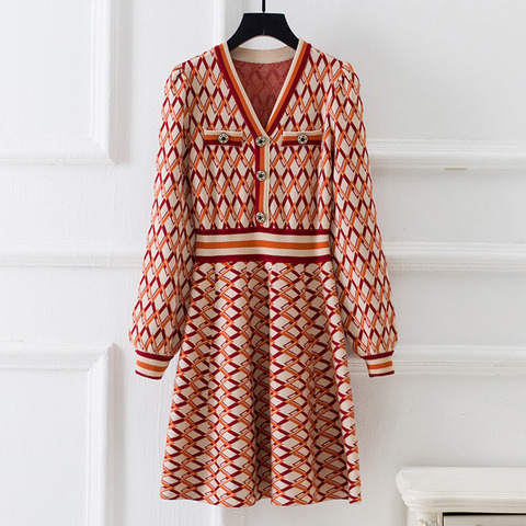 Mini Robe de fête de noël pour femmes, nouvelle collection automne hiver, col en V, manches longues, motif géométrique, pull en tricot ► Photo 1/6