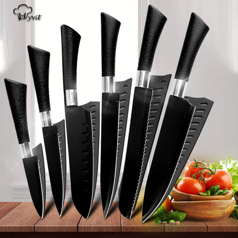 Ensemble de couteaux de Chef outils de couteaux en acier inoxydable lame noire utilitaire de cuisine Santoku Chef trancher le pain accessoires de cuisine ensemble d'outils ► Photo 1/6