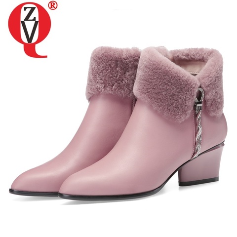 ZVQ mignon cuir doux bottines hiver chaud Chelsea bottes rose noir en cuir fête 5cm talons hauts chaussures pour femmes ► Photo 1/6