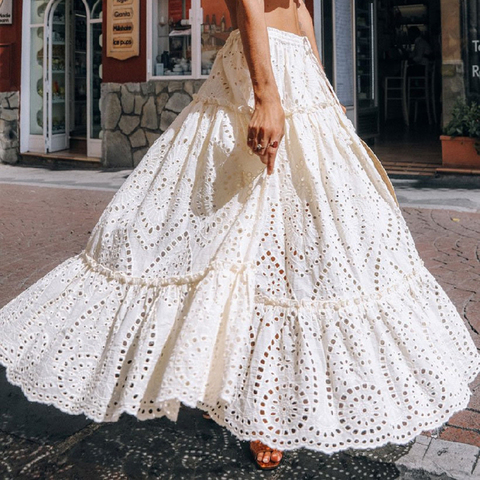 Maxi dentelle jupe femmes 100% coton décontracté gland à lacets taille élastique évider longues jupes 2022 été plage vacances jupe nouveau ► Photo 1/6