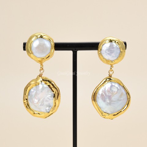 GuaiGuai-boucles d'oreilles bijoux plaqué or jaune blanc naturel pièce de monnaie, perles d'eau douce ► Photo 1/6