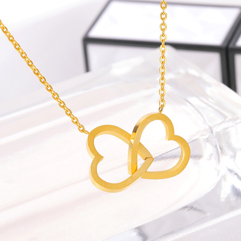 Collier avec pendentif Lariat Double cœur pour femmes, Bijoux d'amour, cadeaux de demoiselle d'honneur, chaîne à maillons en acier inoxydable ► Photo 1/6