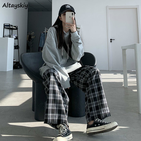 Pantalon à jambes larges pour femmes, vêtement à carreaux pour femmes, automne, Chic, taille haute, assorti avec tout pour adolescents, Streetwear, tendance, Harajuku, collection offre spéciale ► Photo 1/6