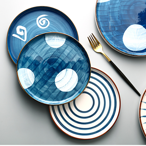 Assiette en céramique peinte à la main de Style nordique, plats à Dessert ronds à motifs bleus de 8 pouces et 10 pouces, vaisselle japonaise ► Photo 1/1