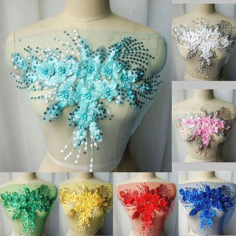 Paillettes bleu, blanc, rouge, pompons, perles florales 3D, tissu en dentelle brodée, col appliqué, Patch de couture, décoration de mariage, bricolage-même ► Photo 1/6