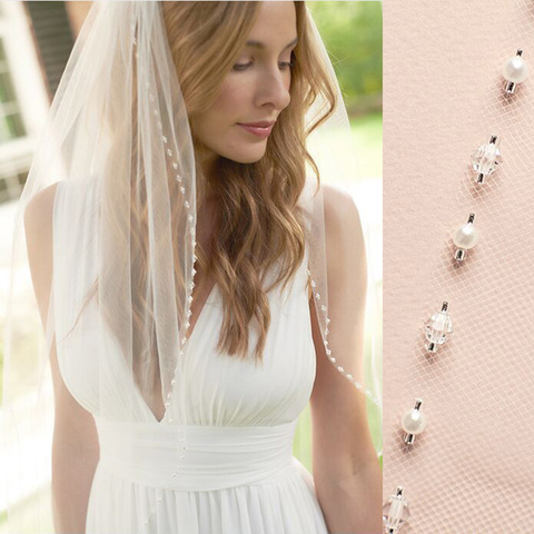 Voile de mariage blanc/ivoire, 1 niveau, avec peigne, coupé en perles, accessoires de mariée ► Photo 1/6