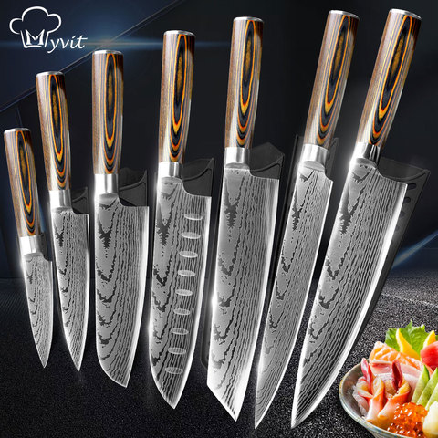 Couteau de cuisine japonais Chef couteaux 7CR17 440C acier inoxydable Imitation damas couteau viande couperet trancheuse Santoku Cutter ensemble ► Photo 1/6