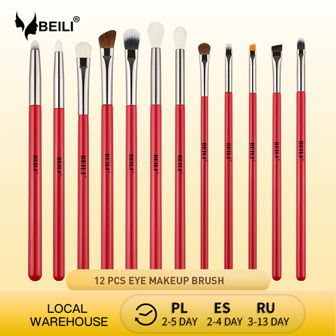 BEILI rouge 12 pièces pinceaux de maquillage ensemble chèvre poney cheveux fard à paupières sourcil fond de teint pinceaux Eyeliner pinceaux de maquillage professionnels ► Photo 1/6