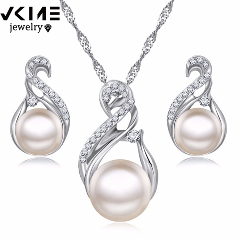 VKME ensembles de Bijoux à la mode mariage couleur argent boucles d'oreilles simulé perle ensemble de Bijoux femmes collier ensemble Bijoux collier brincos ► Photo 1/6