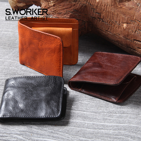 S. WORKER Vintage hommes classique en cuir véritable portefeuille porte-cartes de crédit poche sac à main en cuir de vachette Style rétro fait à la main ► Photo 1/6