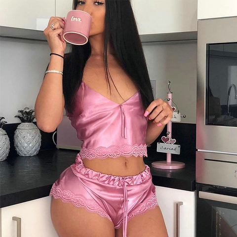 Dames Sexy chemise de nuit 2 Pièce Satin Soie Pyjama Ensemble Sans Manches Pyjama Sommeil Ensemble Short Et Haut Dentelle Pijama Costume Vêtements De Nuit Pour Femmes Sexy Nuisettes ► Photo 1/6