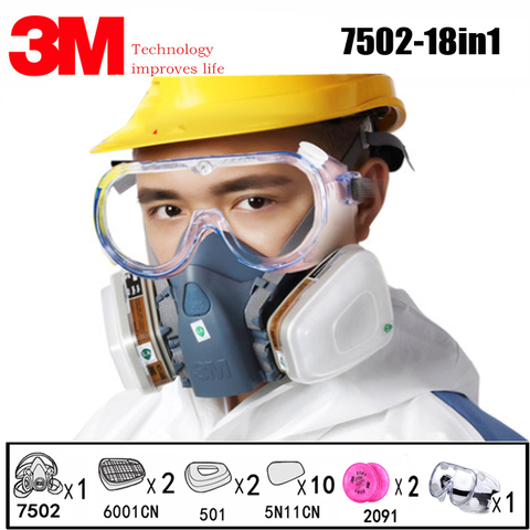 Masque à gaz respirateur de sécurité, 18 en 1, 3M 7502, demi-visage, avec lunettes 3M 1621, peinture, pulvérisation, Anti-poussière ► Photo 1/6