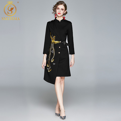 SMTHMA nouveau créateur de mode robes noires printemps automne femmes broderie élégant asymétrique Vestido Da Festa ► Photo 1/6