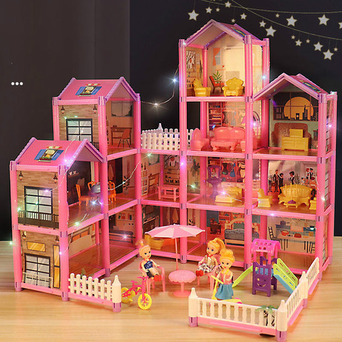 Maison de poupée princesse grande Villa, bricolage, château rose, maison de jeu avec toboggan, Kit de cour assemblé, maison de poupée, jouets pour filles, cadeaux pour enfants ► Photo 1/6