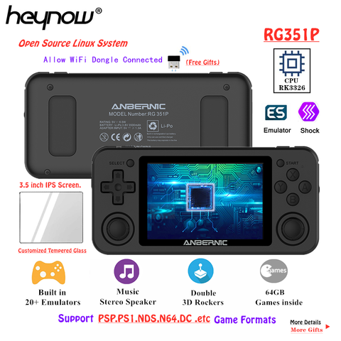HEYNOW RK3326 RG351P rétro Console de jeu WiFi 64G Emuelec Linux système 3.5 pouces IPS écran PS1 N64 lecteur de jeu de poche RG350P RG351 ► Photo 1/6