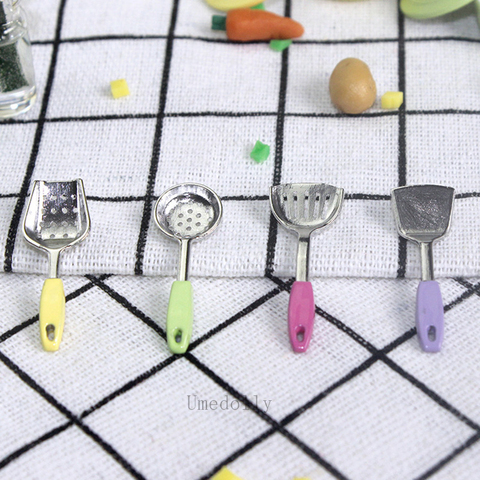 Mini ustensiles de cuisine miniatures pour maison de poupée, spatule pour faire semblant de jouer, décor de maison de poupée, accessoires de cuisine, 4 pièces/ensemble 1/12 ► Photo 1/6