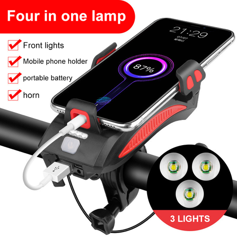 Multi-fonction 4 en 1 vélo lumière lampe de poche vélo klaxon alarme cloche support pour téléphone batterie externe vélo accessoires cyclisme avant lumière ► Photo 1/6