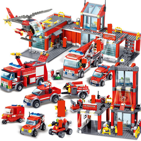 Ensembles de blocs de construction de lutte contre l'incendie de ville échelle de pompier urbain camion modèle de voiture briques Brinquedos jouets éducatifs pour les enfants ► Photo 1/6