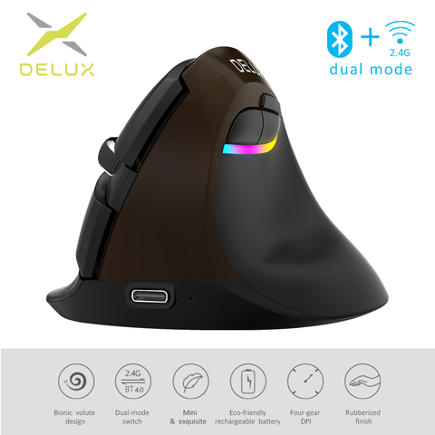 Delux M618 Mini noir de jais souris sans fil Bluetooth 4.0 + 2.4GHz double mode Rechargeable silencieux clic souris verticale pour PC ► Photo 1/6