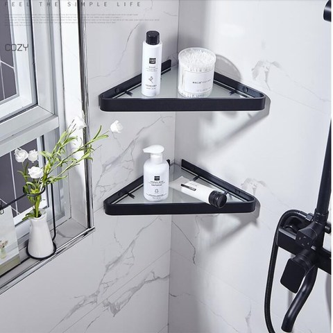 Etagere salle de bain etagere de douche aluminium etagere de douche en verre finition noire rangement panier ventouse support de rangement accessoire salle de bain ► Photo 1/6