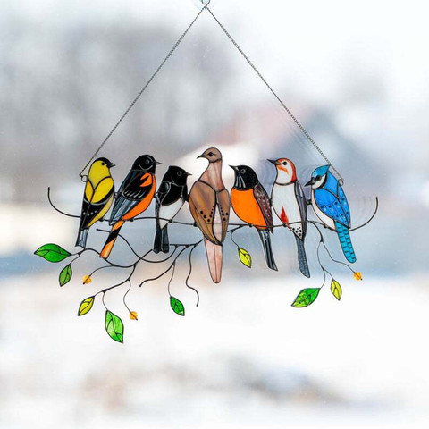 Panneau mural en verre pour fenêtre suspendue, perroquet oiseaux sur un fil, décoration murale avec chaîne Suncatcher P1 ► Photo 1/6